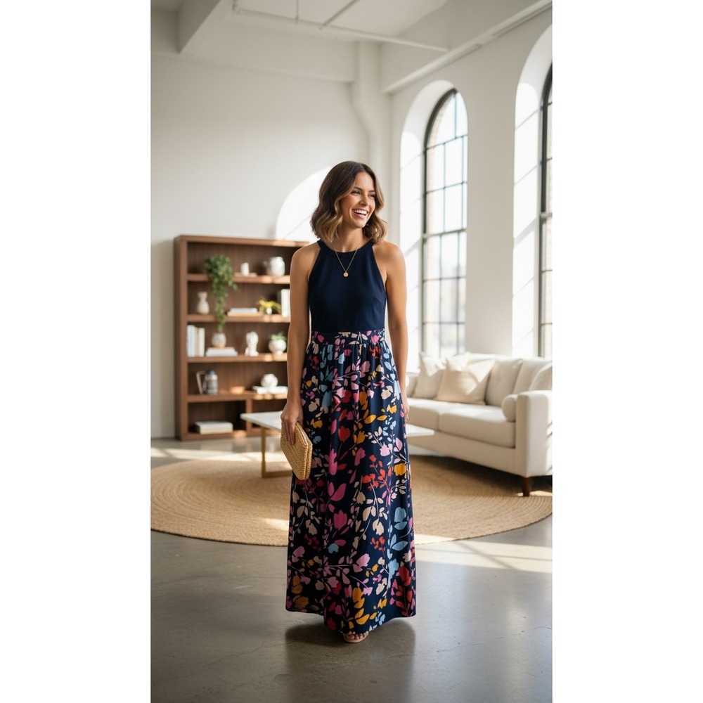 Vince Camuto Navy Blue Floral Halter Maxi Dress Keyhole front Size 4